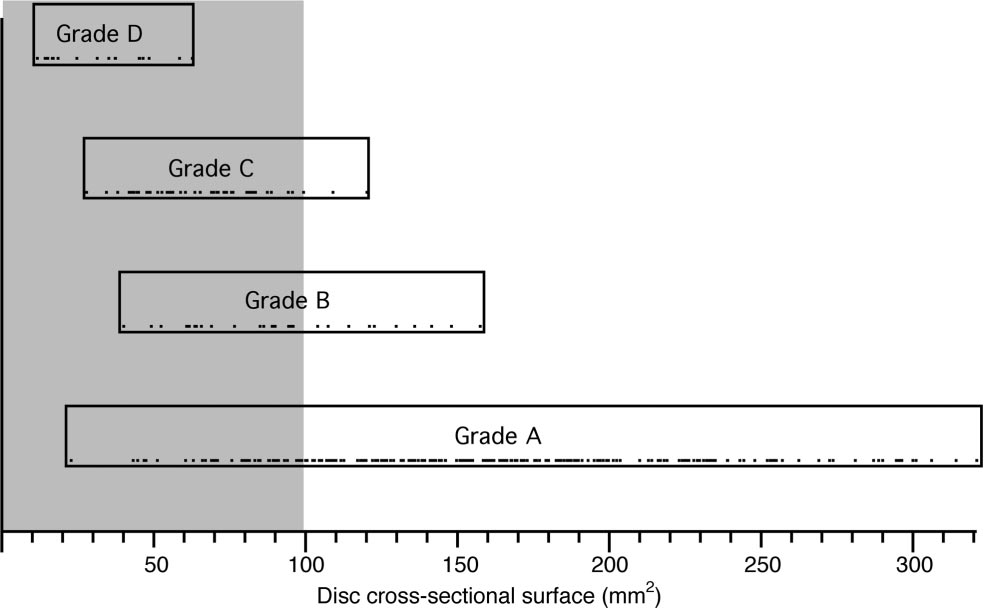 Dural sac area ranges for each Schizas grade, showing wide overlap
